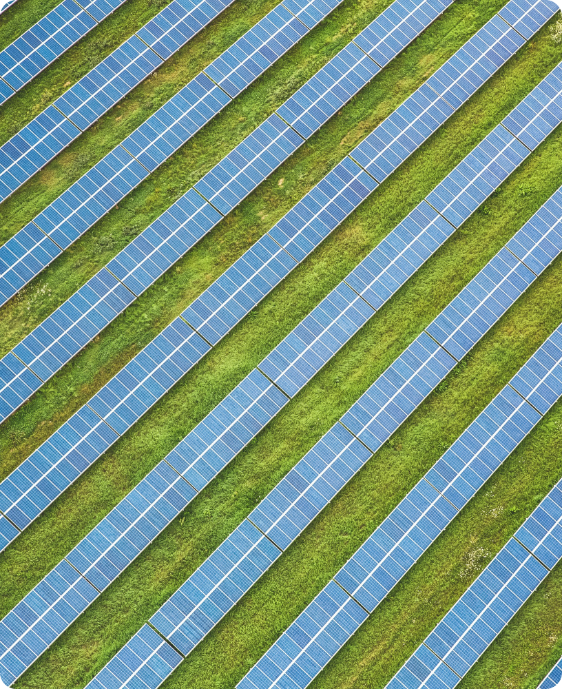 Aerial view of parallel rows of blue residential solar panels installed on a green grass field, capturing sunlight for renewable energy production.