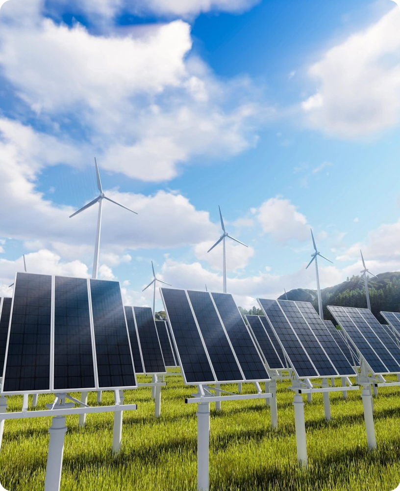 A field of solar panels and wind turbines under a blue sky with clouds showcases the future of renewable energy projects.