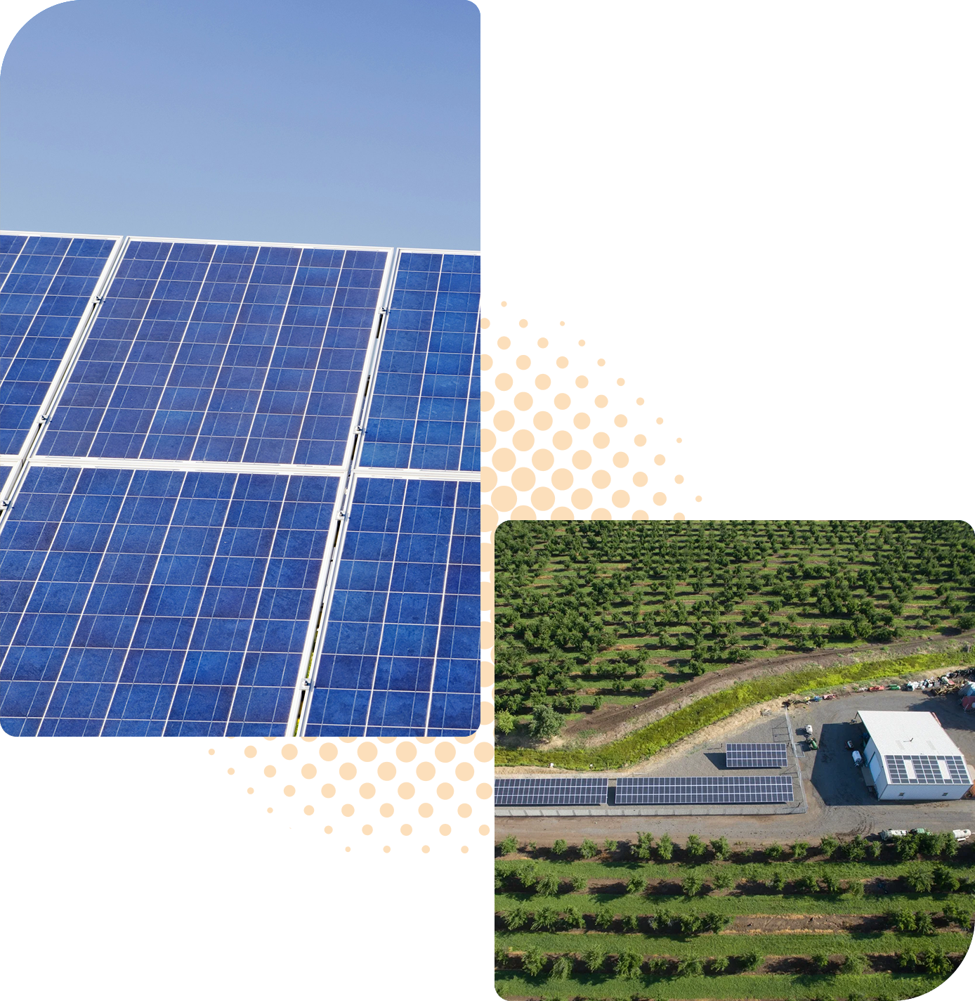 An array of blue commercial solar panels on the left and an aerial view of a solar farm with surrounding greenery on the right.