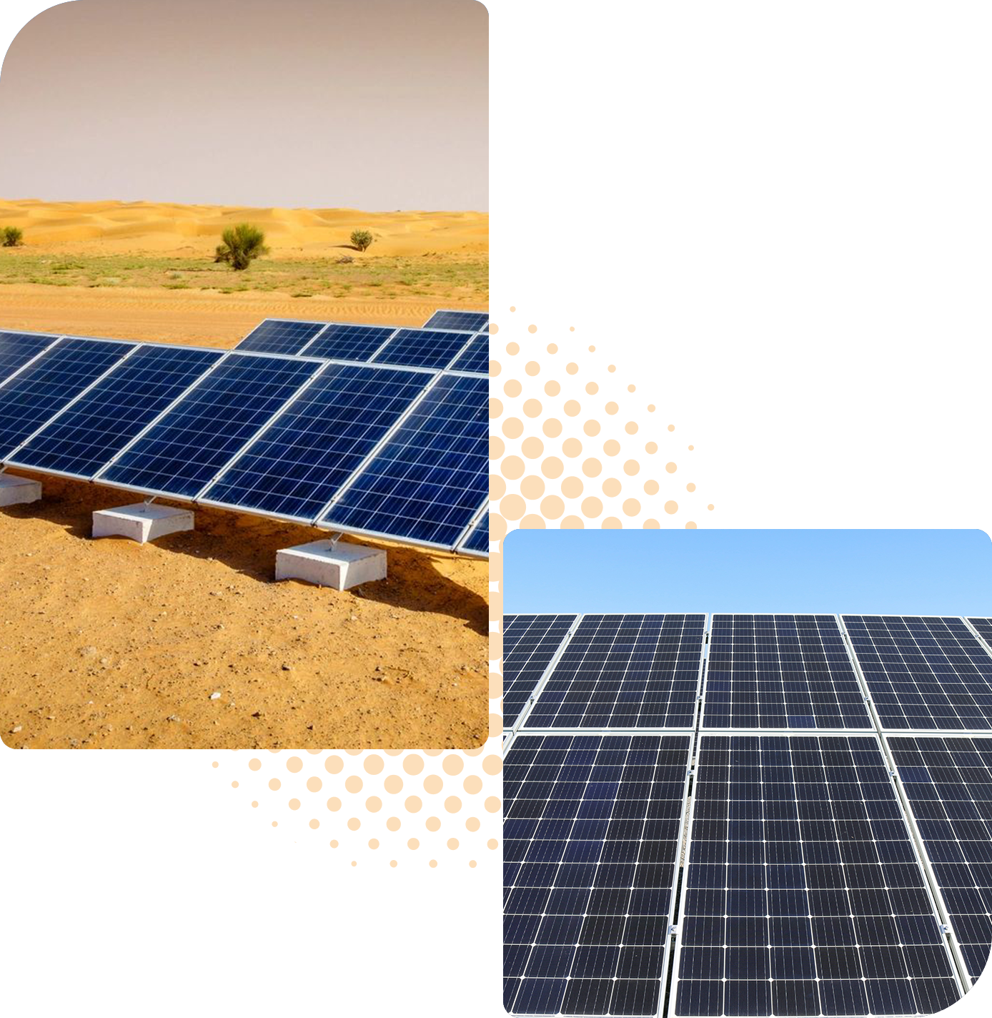 Two images of Solar PV Systems in desert environments, with clear skies overhead. One image shows panels in close-up, while the other shows panels stretching into the distance.