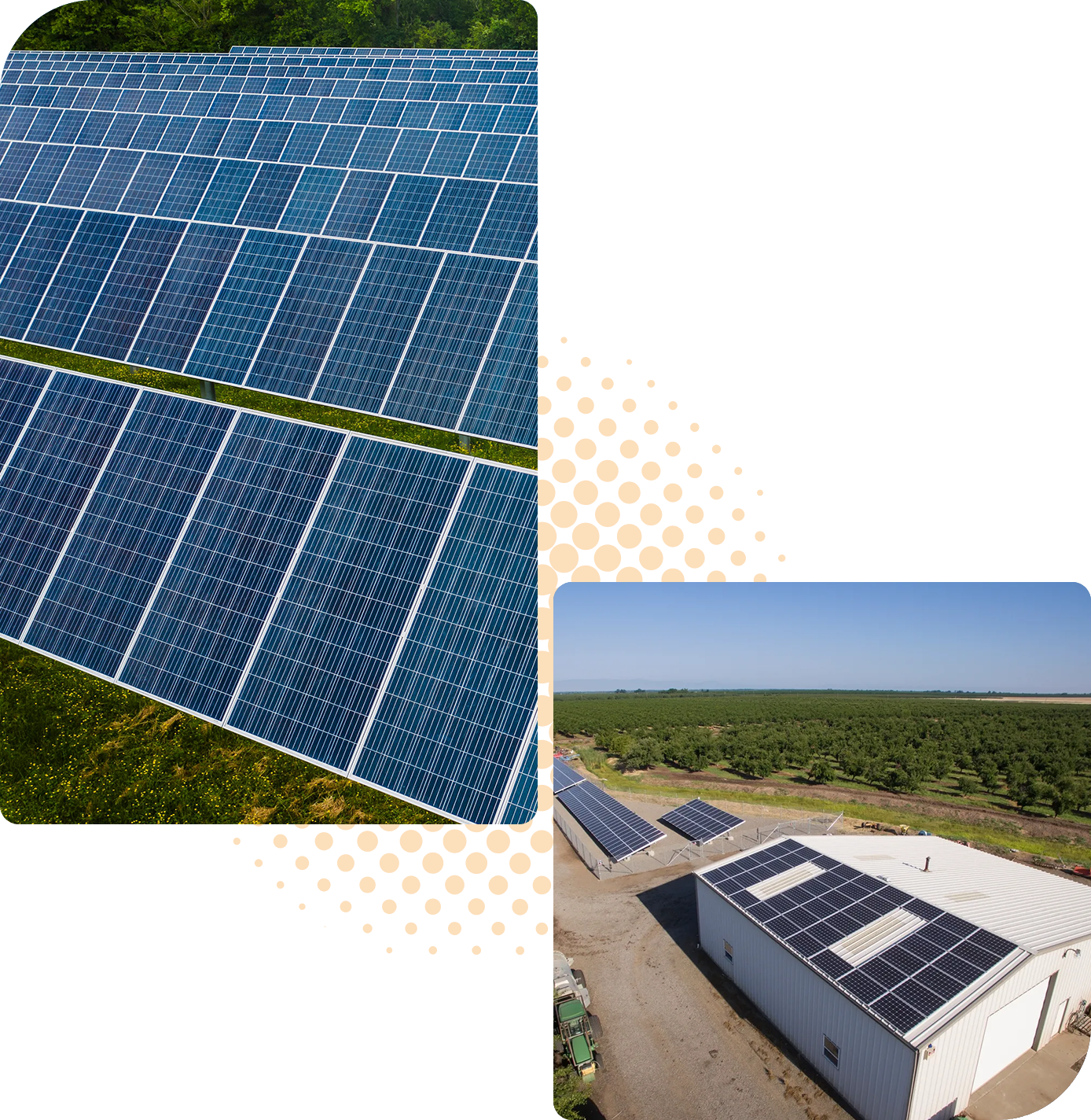 Two images: on the left, rows of solar panels installed on the ground; on the right, solar panels mounted on the roof of a white building. Both setups are in sunny outdoor environments, potentially benefiting from a USDA REAP Grant for renewable energy projects.