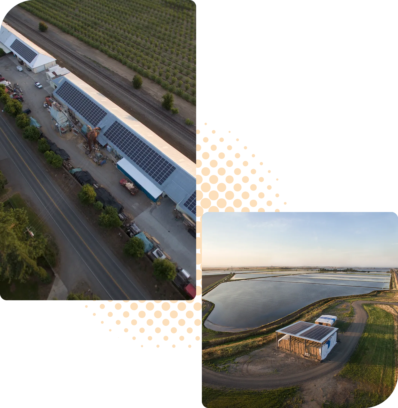 Aerial view of a facility with solar panels next to a road and a large body of water surrounded by farmland, showcasing sustainable energy improvements supported by the USDA REAP Grant.