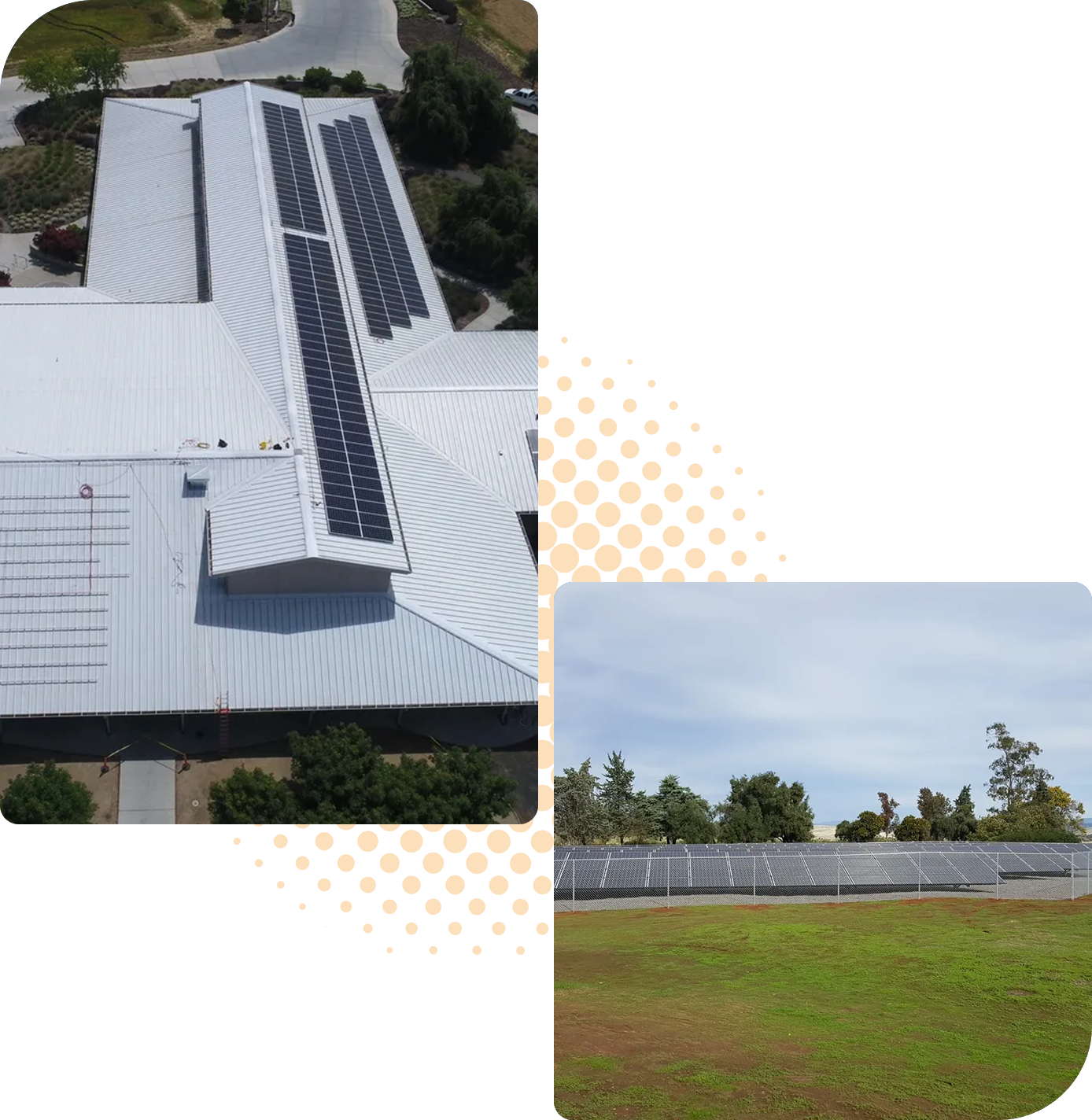 Aerial view of a large building with solar panels on its roof, potentially funded by a USDA REAP Grant. Inset shows a field with ground-mounted solar panels.