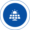 Icon depicting a sun shining over a solar panel, representing Solar Energy Solutions, enclosed in a blue circle with a white border.