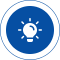 A blue circular icon featuring a white light bulb in the center, symbolizing an idea or innovation, with rays emanating from the bulb, representing solar energy solutions.