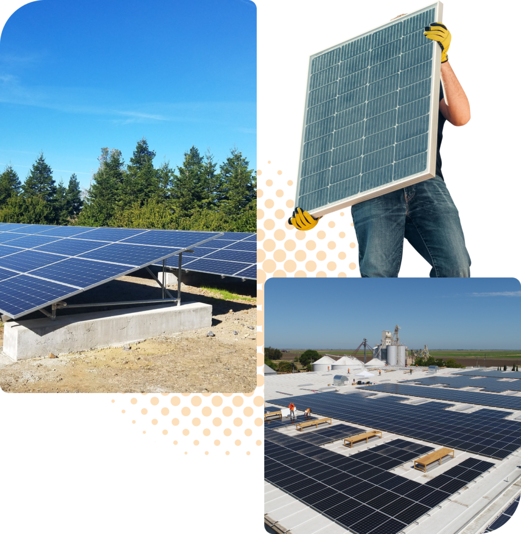 Collage showing Solar Energy Solutions: left image features ground-mounted panels; right image shows a person holding a panel and rooftop panels being installed.