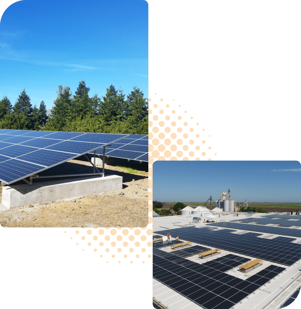 Two images showcasing solar panel installations: the left shows commercial solar panels on a ground mount near trees; the right displays panels on a rooftop with industrial buildings in the background.